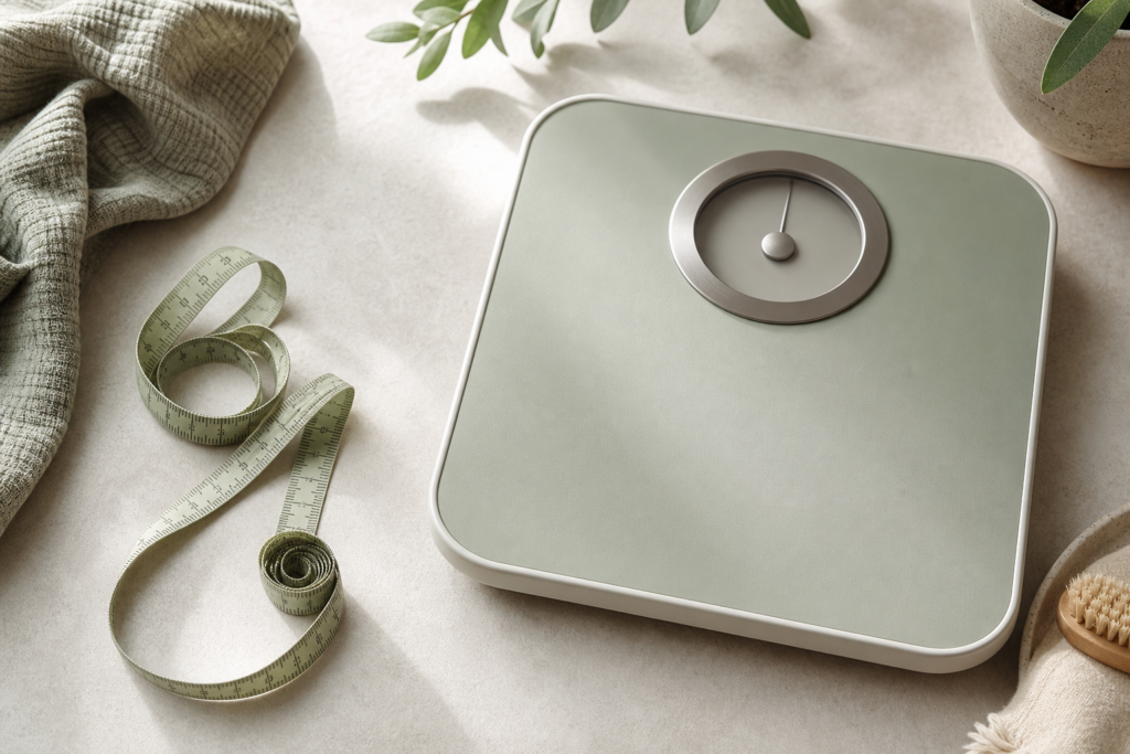A bathroom scale beside a coiled cloth measuring tape on a light surface