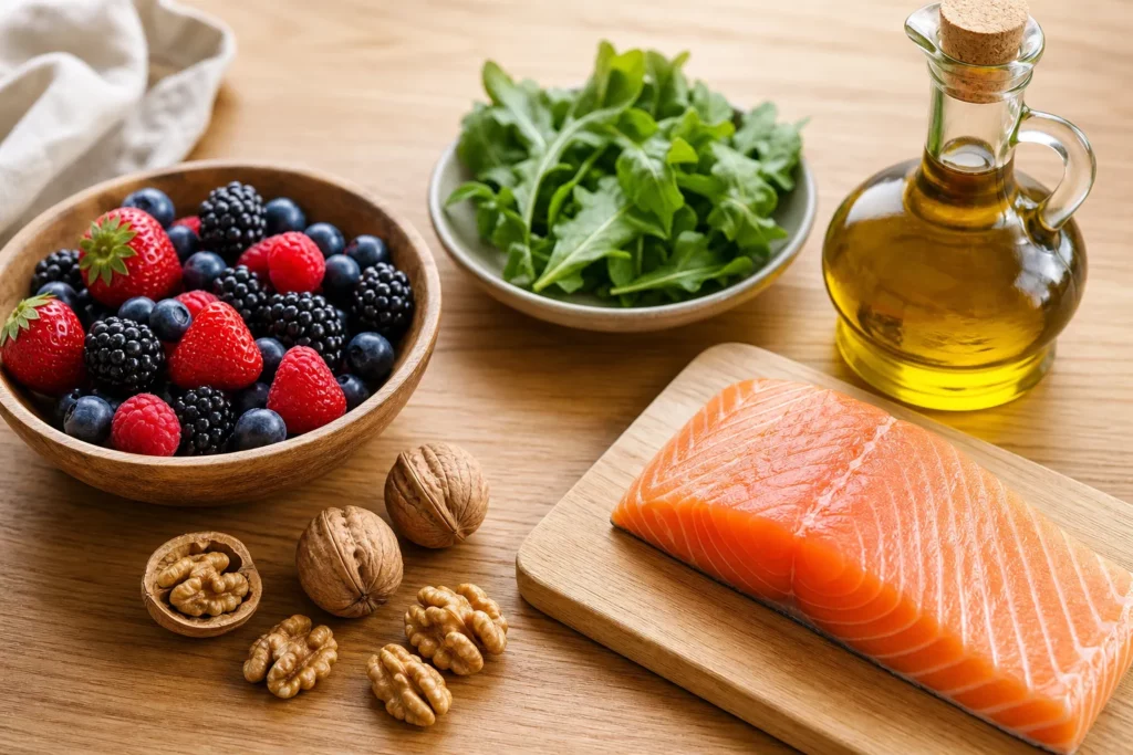 Overhead view of berries, leafy greens, olive oil, walnuts and a salmon fillet on a light wood surface