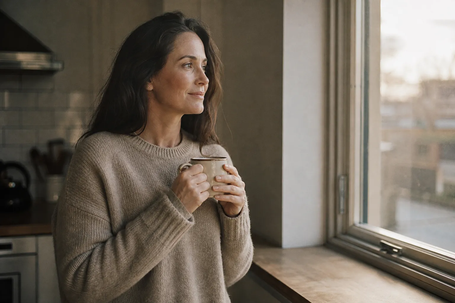 A woman in her early 40s standing calmly at a kitchen window in soft morning light, holding a warm mug and gazing out