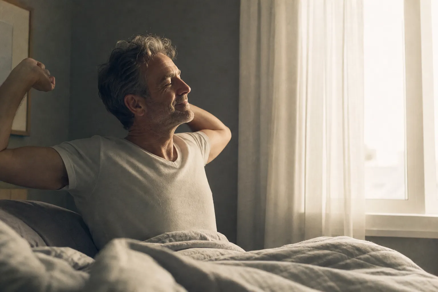 A man in his mid-50s waking and stretching in bed as soft daylight comes through sheer curtains