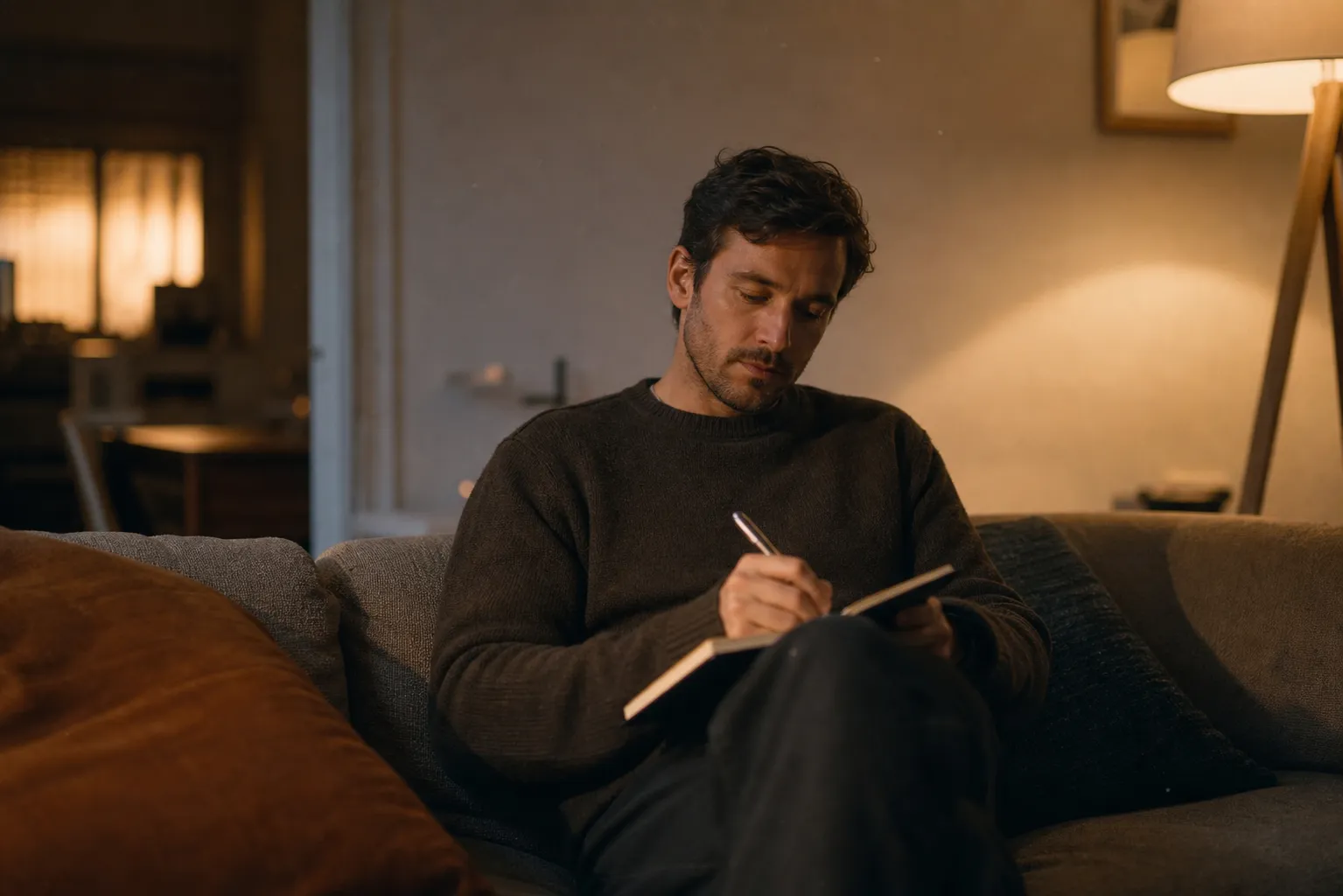 A man in his early 30s sitting on a sofa in warm evening light, writing thoughtfully in a small notebook