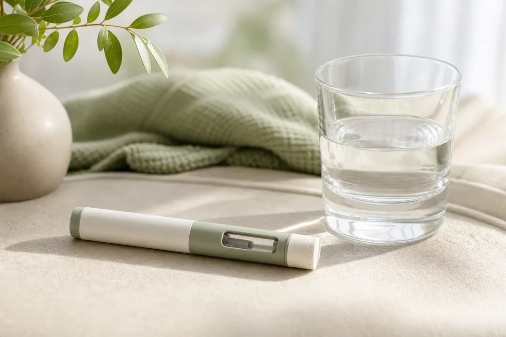 A generic injectable medication pen resting beside a glass of water and a small plant