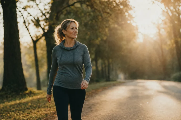 A woman walking on a tree-lined path in warm early-morning light