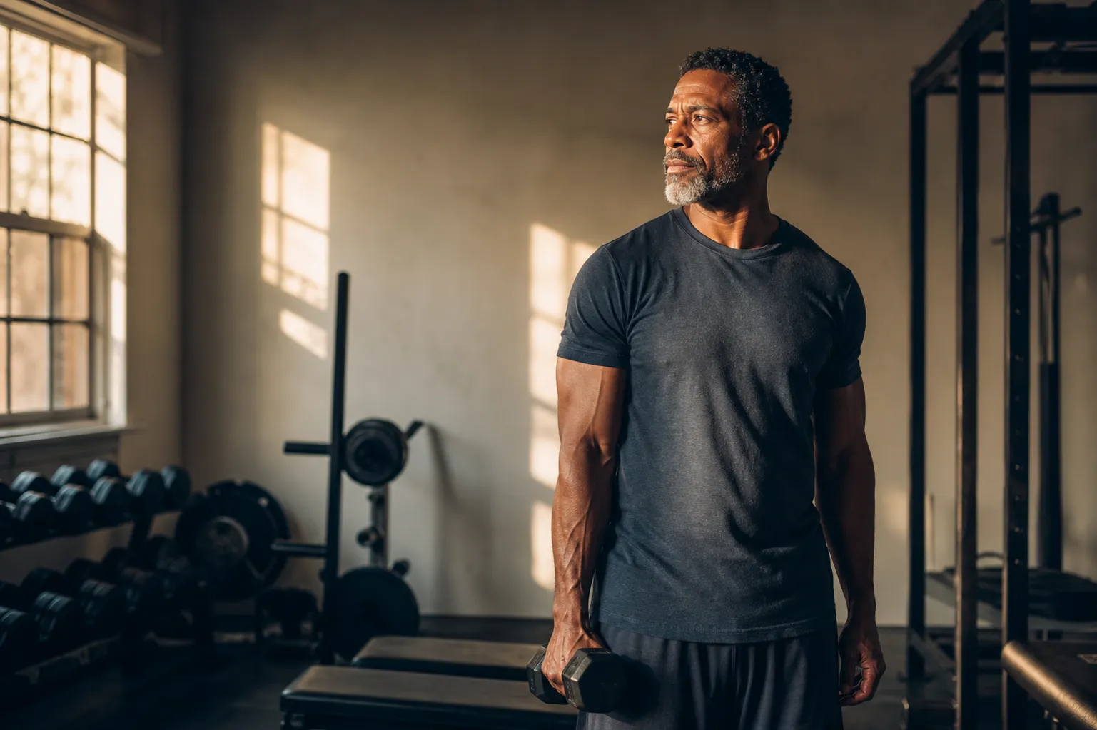 A man in his fifties standing in a sunlit home gym holding a dumbbell, focused and composed