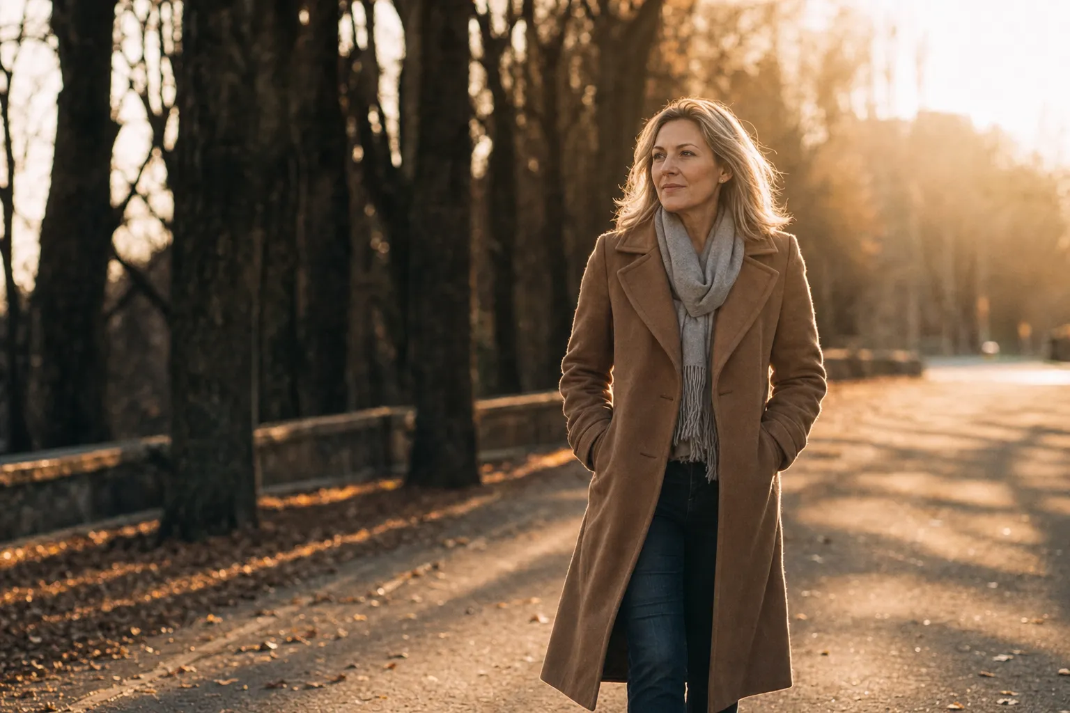 A woman walking alone on a quiet tree-lined path in warm golden-hour light