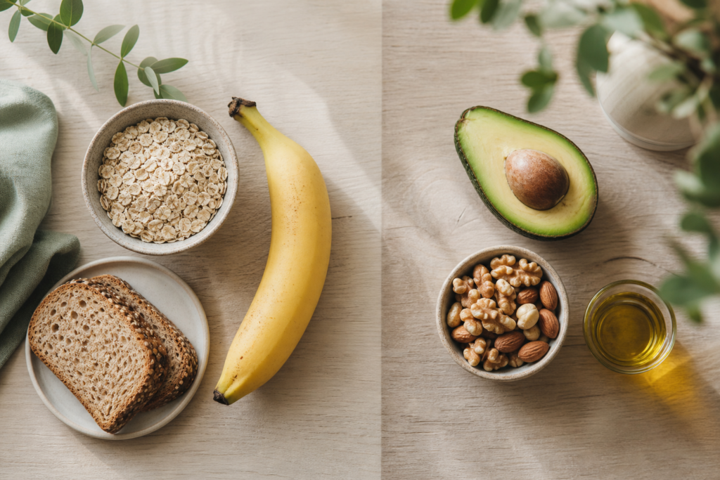 A flat-lay split between carbohydrate foods (oats, banana, whole-grain bread) and fat-rich foods (avocado, nuts, olive oil)