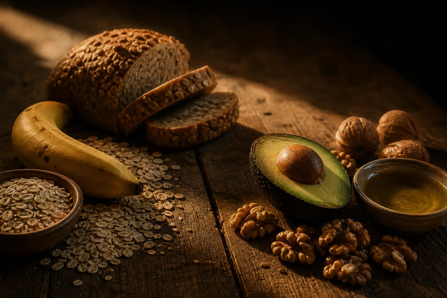 Carbohydrate foods (oats, banana, whole-grain bread) and fat-rich foods (avocado, walnuts, olive oil) on a wooden table in warm light