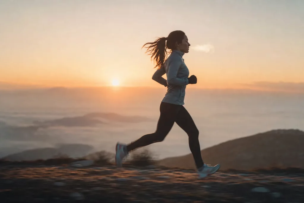 A lone runner mid-stride on a misty trail at sunrise, backlit by warm light