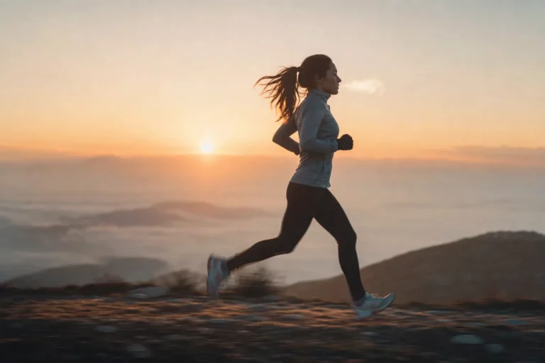 A lone runner mid-stride on a misty trail at sunrise, backlit by warm light