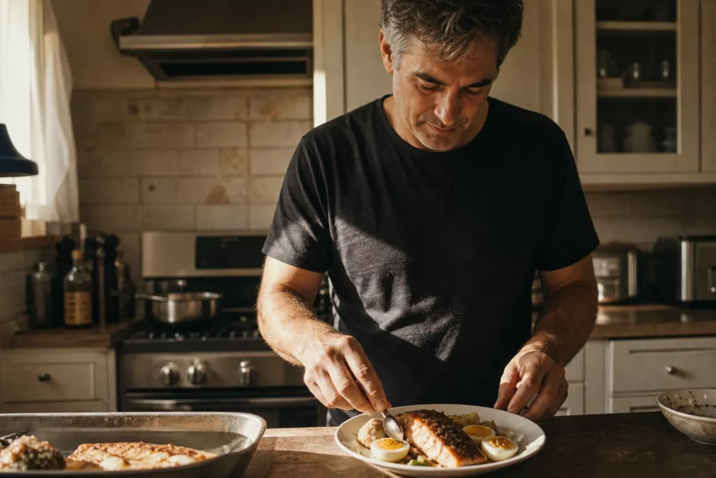 A person plating a protein-rich meal of salmon and eggs in a warm sunlit kitchen