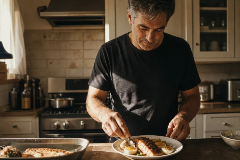 A person plating a protein-rich meal of salmon and eggs in a warm sunlit kitchen