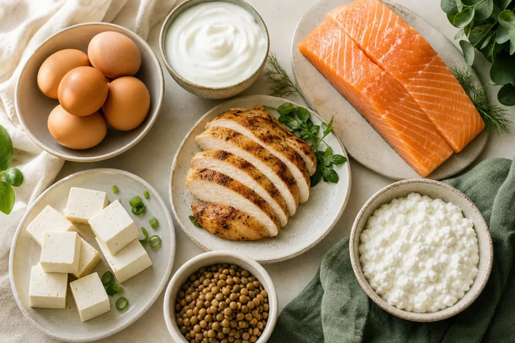 Protein-rich foods including eggs, Greek yogurt, salmon, chicken, tofu, lentils and cottage cheese
