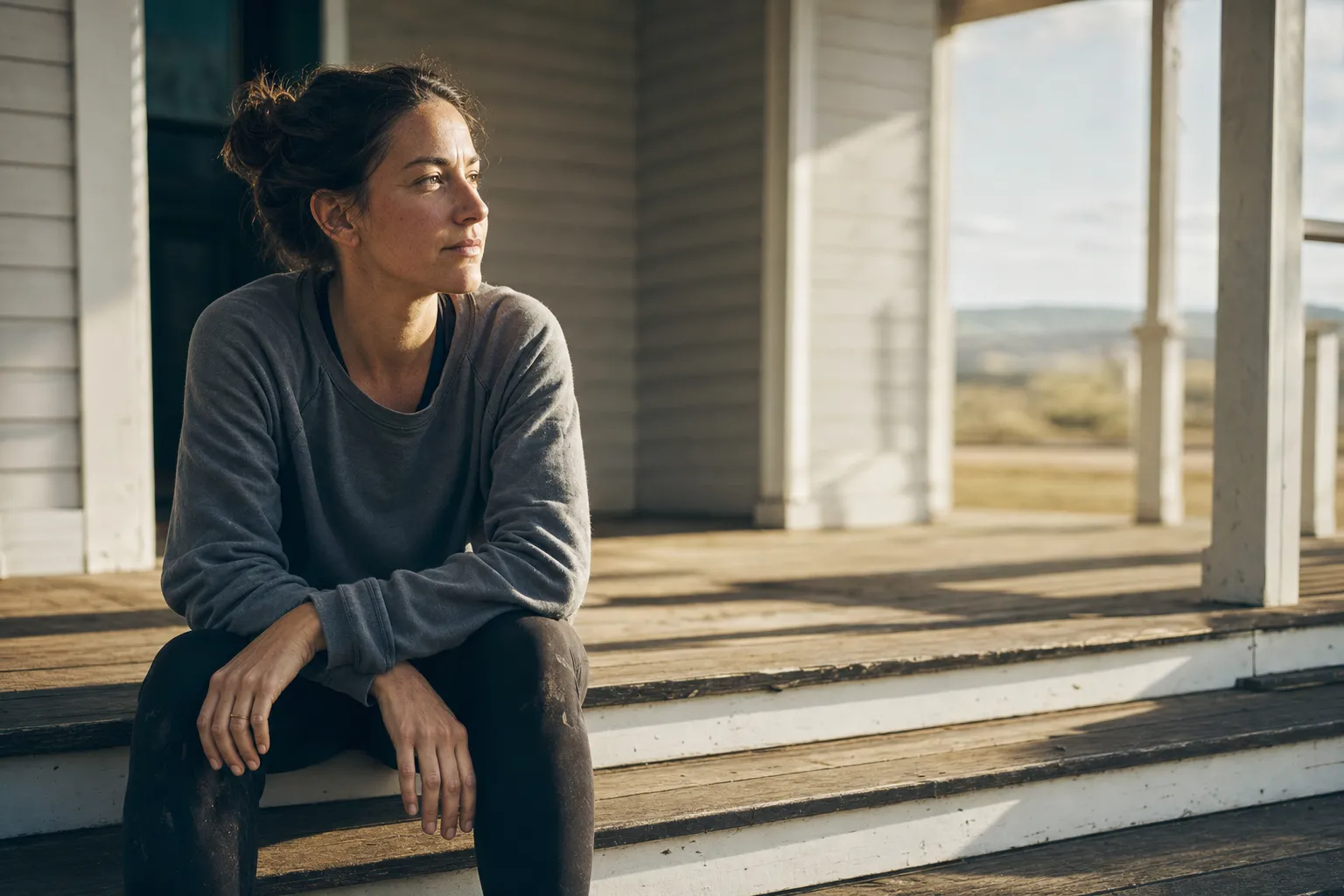 A woman in her early 30s resting on sunlit porch steps in late-afternoon light, gazing off-frame