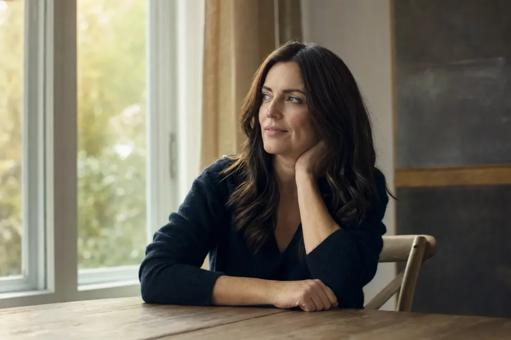 A woman sitting at a sunlit table, resting her chin on her hand and looking thoughtful as she considers a health decision