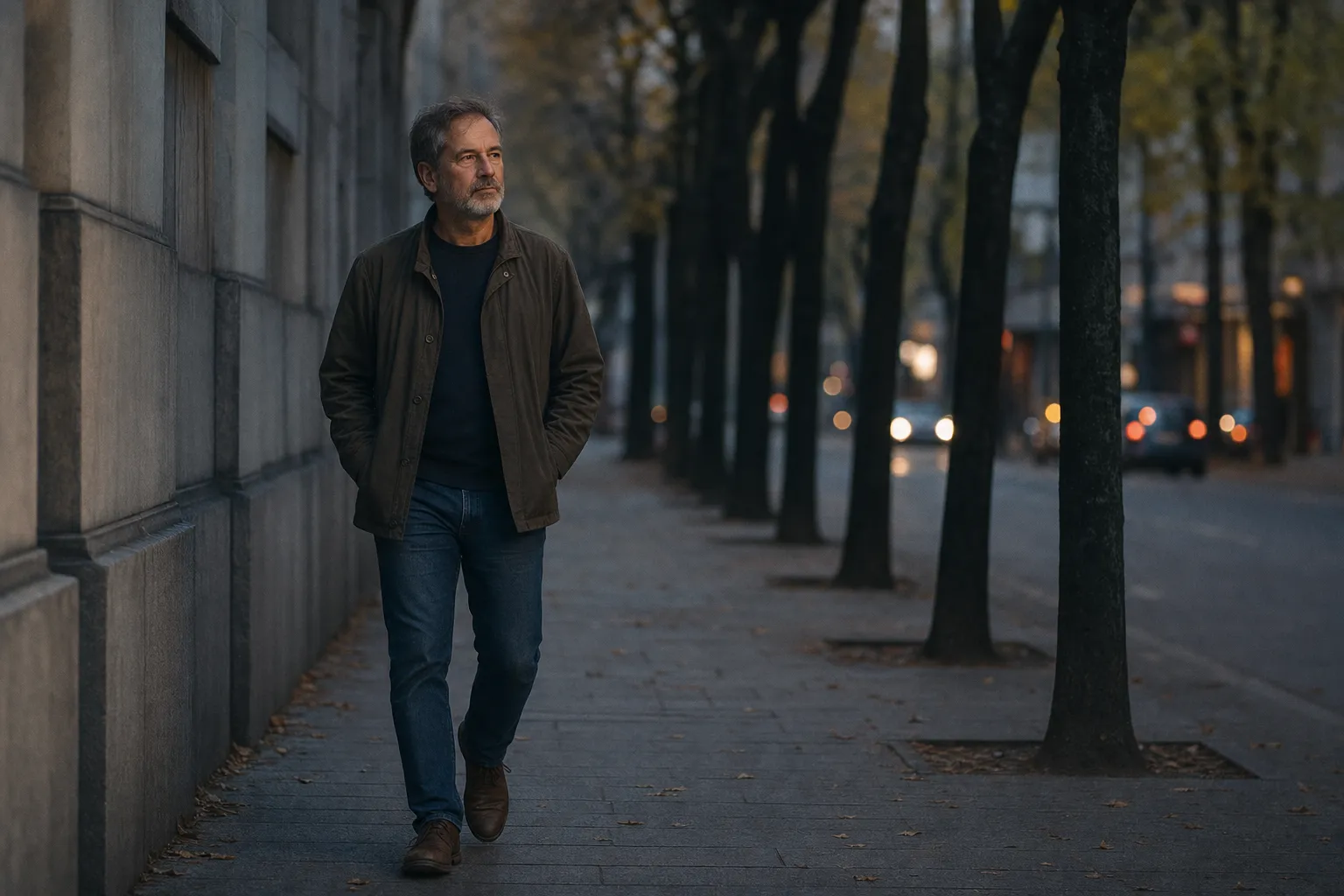 A man walking outdoors on a tree-lined sidewalk in the evening