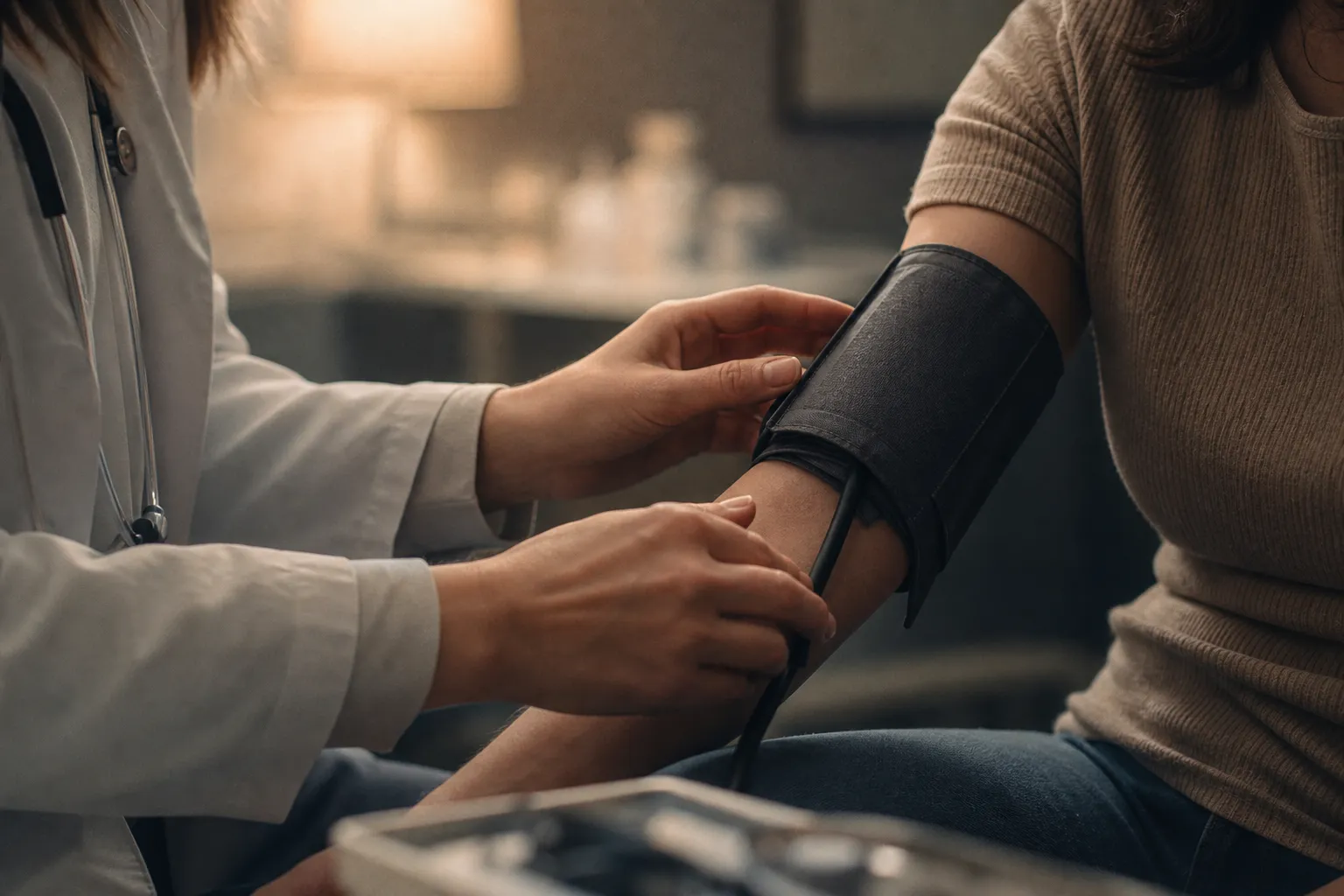 A clinician taking a seated patient's blood pressure with an arm cuff in a softly lit clinic