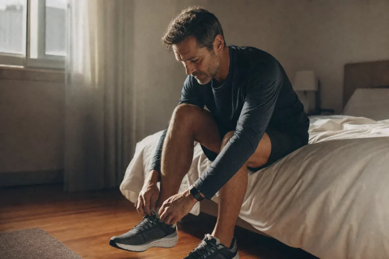 A person sitting on the edge of a bed lacing up running shoes in warm morning light