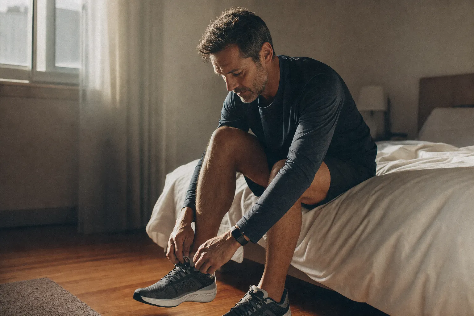 A person sitting on the edge of a bed lacing up running shoes in warm morning light