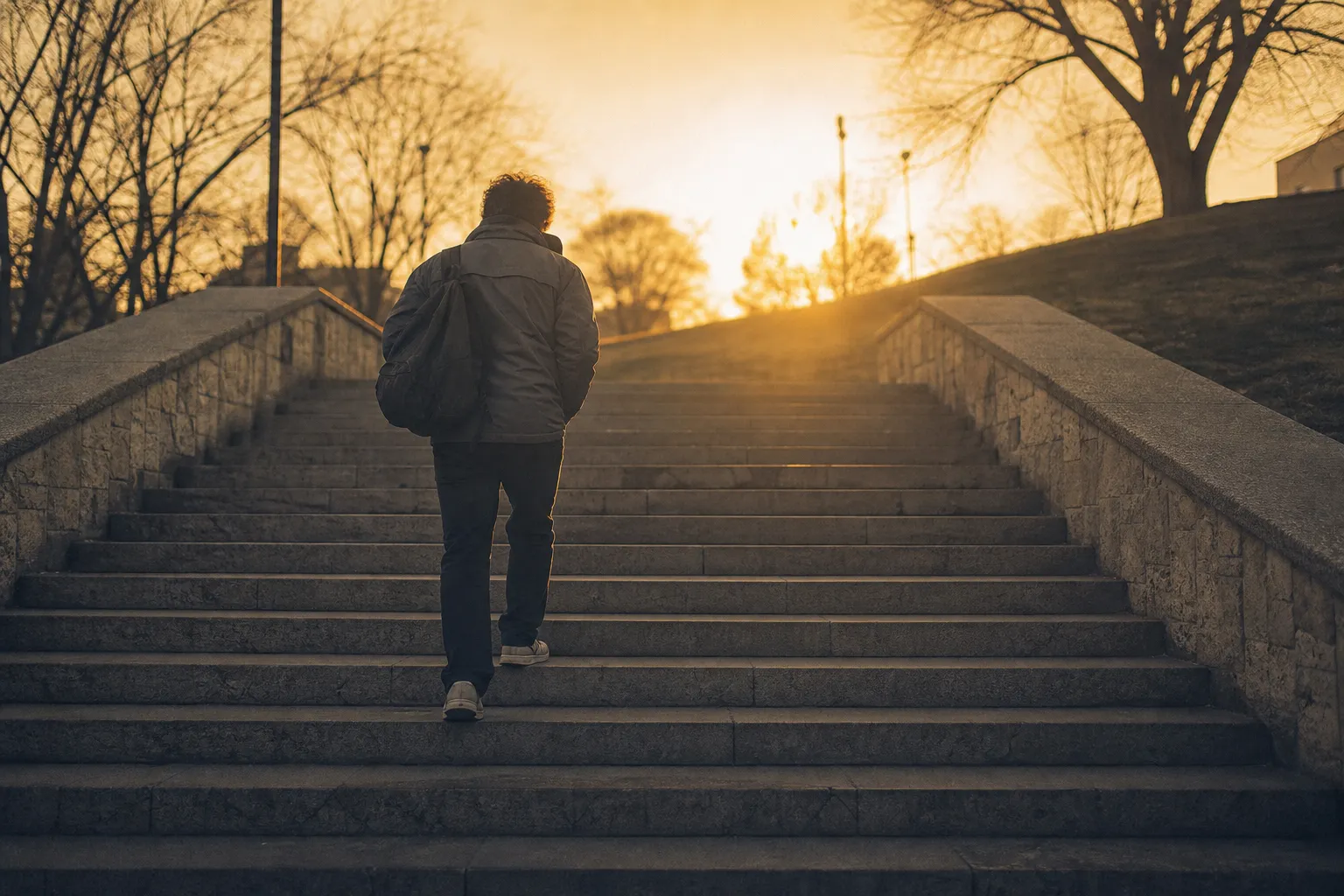 A person climbing a flight of outdoor stone steps in a park at golden hour