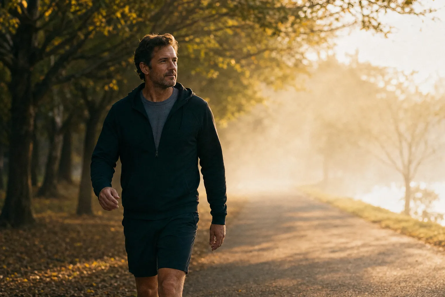 A man in his mid-40s walking briskly along a tree-lined path at golden hour